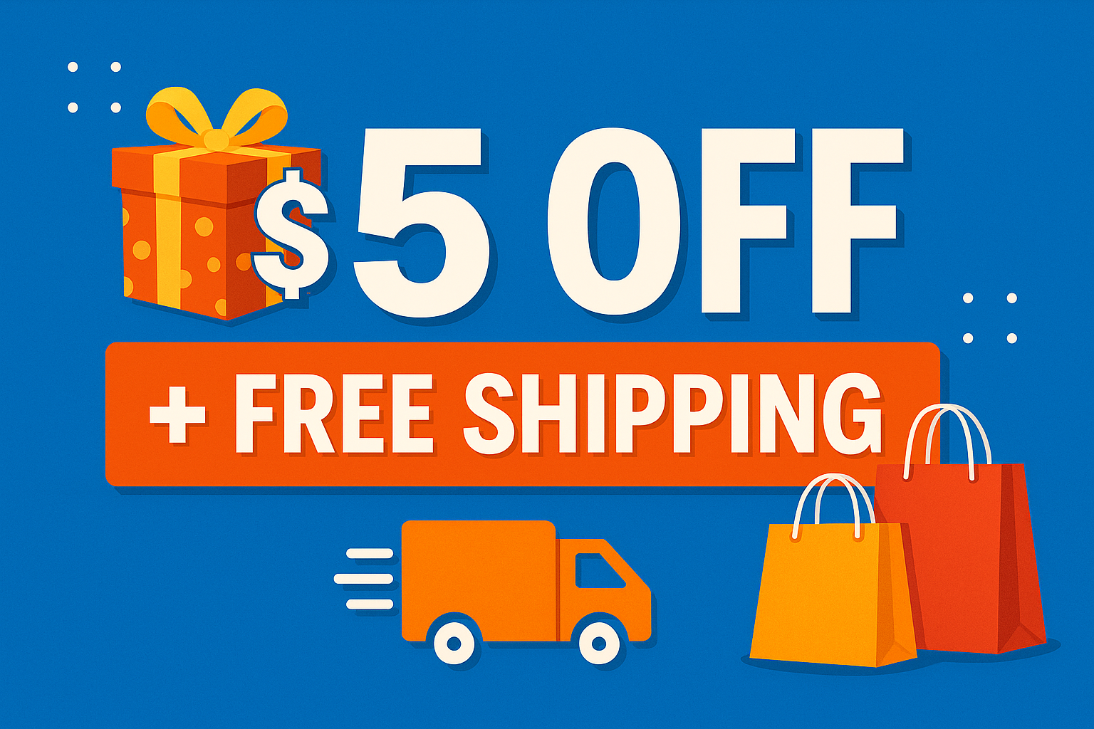 Promotional banner for $5 off and free shipping offer